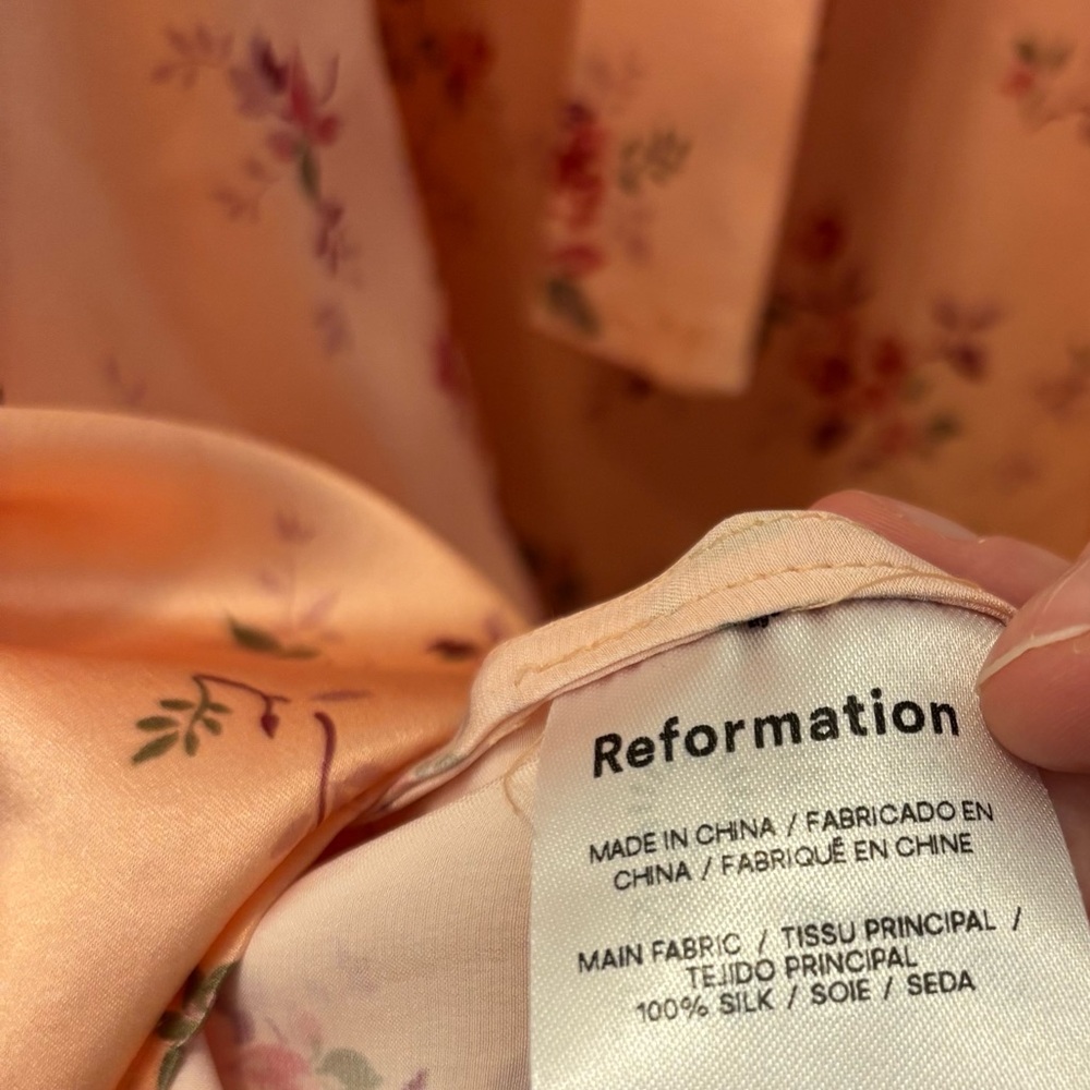 Reformation 100% Silk Peach Floral Midi Dress with Lace Collar - Picture 8 of 8
